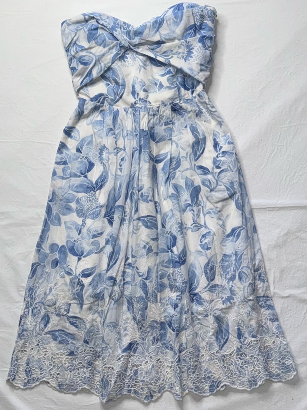 White House Black Market -Strapless Floral Lace-Hem Midi Dress in Blue & White